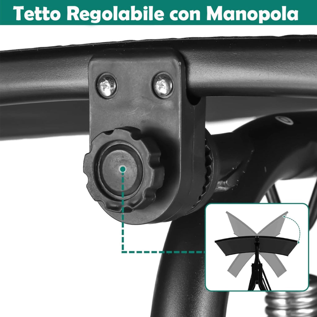 Dondolo da Giardino 3 Posti 172cm Tettuccio Regolabile Impermeabile Struttura Acciaio Nero