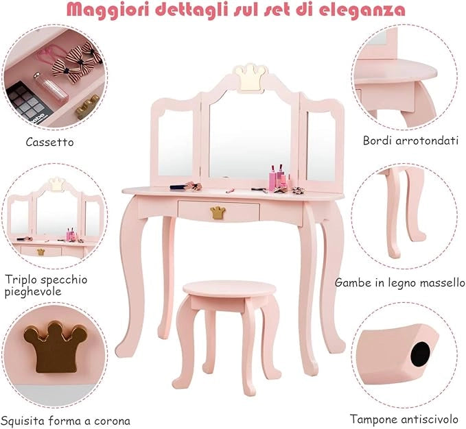 Toeletta Trucco per Bambina Staccabile, Specchiera per Ragazza in Legno con Sgabello e Cassetto, Postazione Trucco 2 in 1 per Cameretta e Cmera da Letto, 80x42x105cm (ROSA)