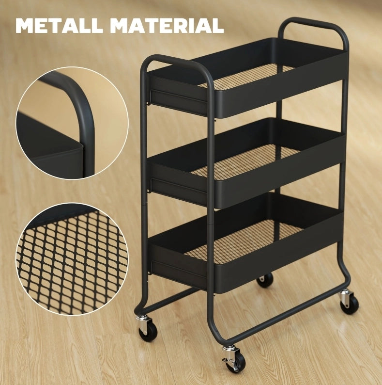 Carrello da cucina a 3 livelli in metallo nero