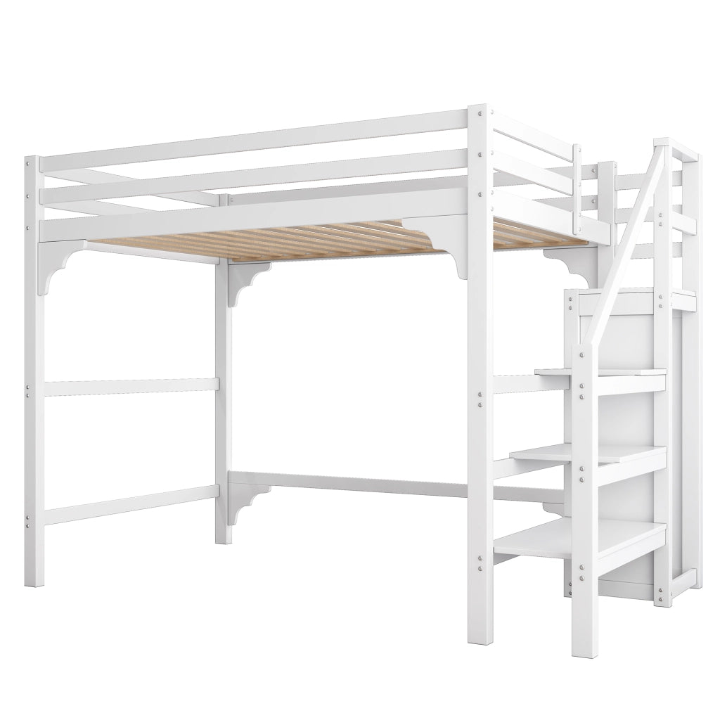 Letto a soppalco 140x200 cm; con armadio e scala contenitore; pino e MDF; bianco