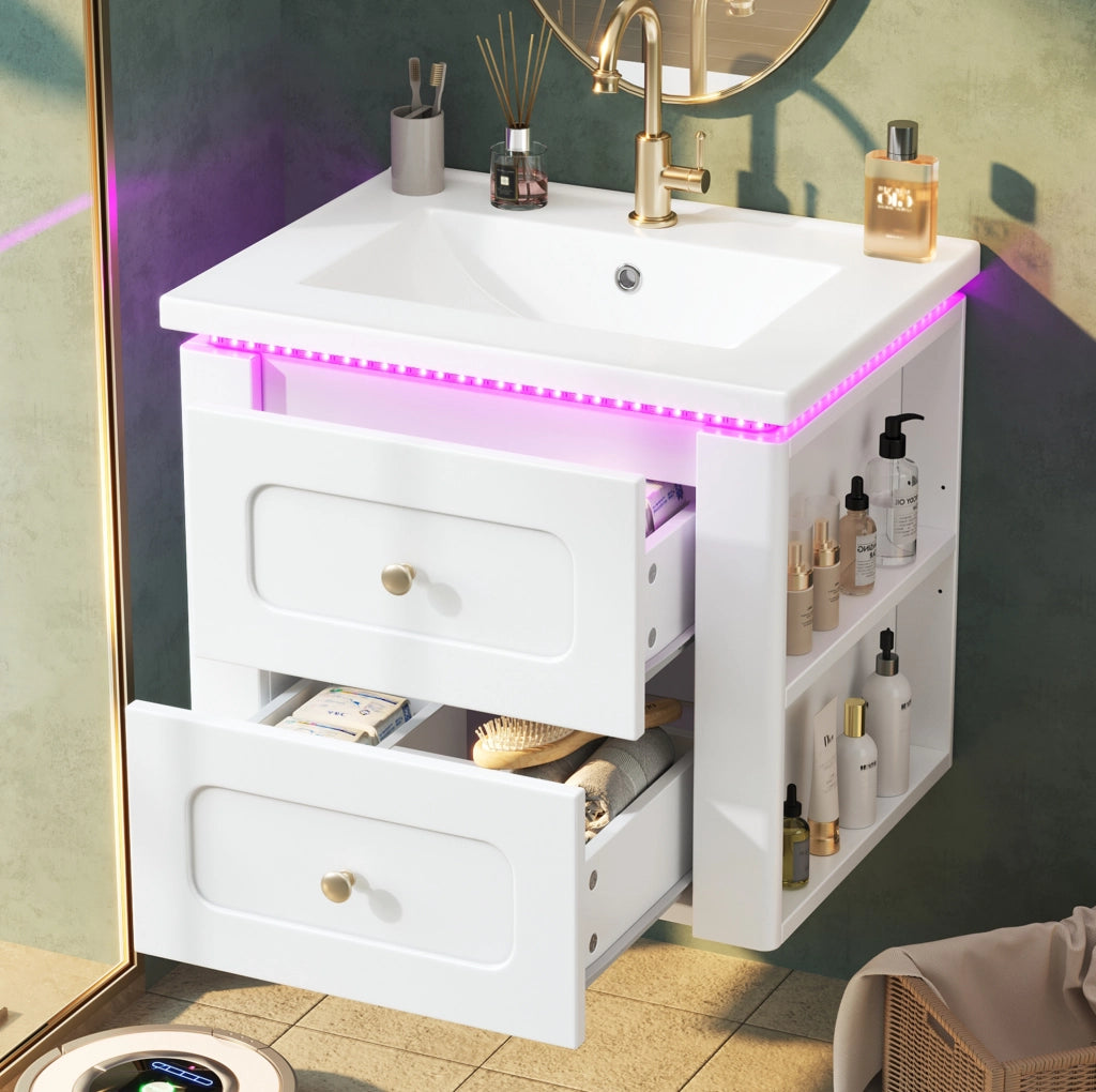 Mobile bagno sospeso da 61 cm con LED; 2 cassetti e lavabo in ceramica