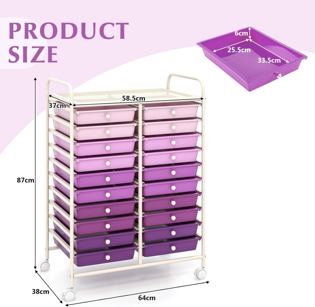 Carrello con 20 cassetti, impilabile, carrello per cassetti, da cucina, con ruote bloccabili, carrello per cucina, bagno, ufficio, 64 x 39 x 88 cm (viola)