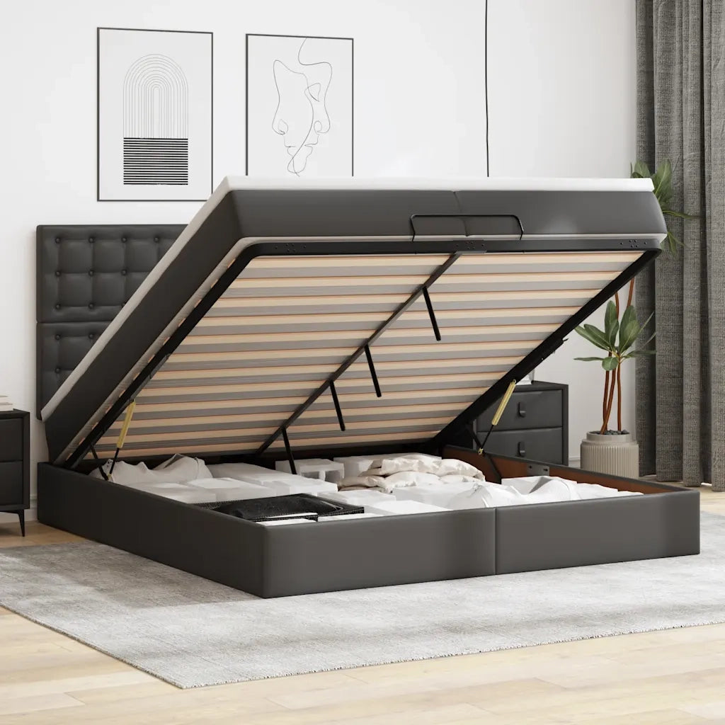 Struttura Letto Pouf con Materassi Nero 200x200 cm Similpelle 3313021