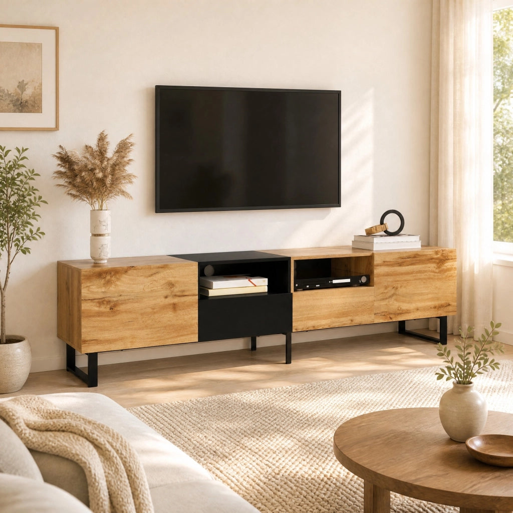 Mobile TV 190x38x48 cm con 2 ante e 2 cassetti; MDF; nero e legno naturale