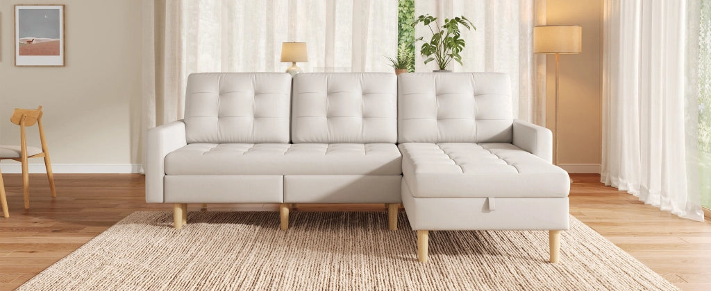 Divano angolare con chaise longue reversibile e doppio spazio contenitore per soggiorno moderno in tessuto beige