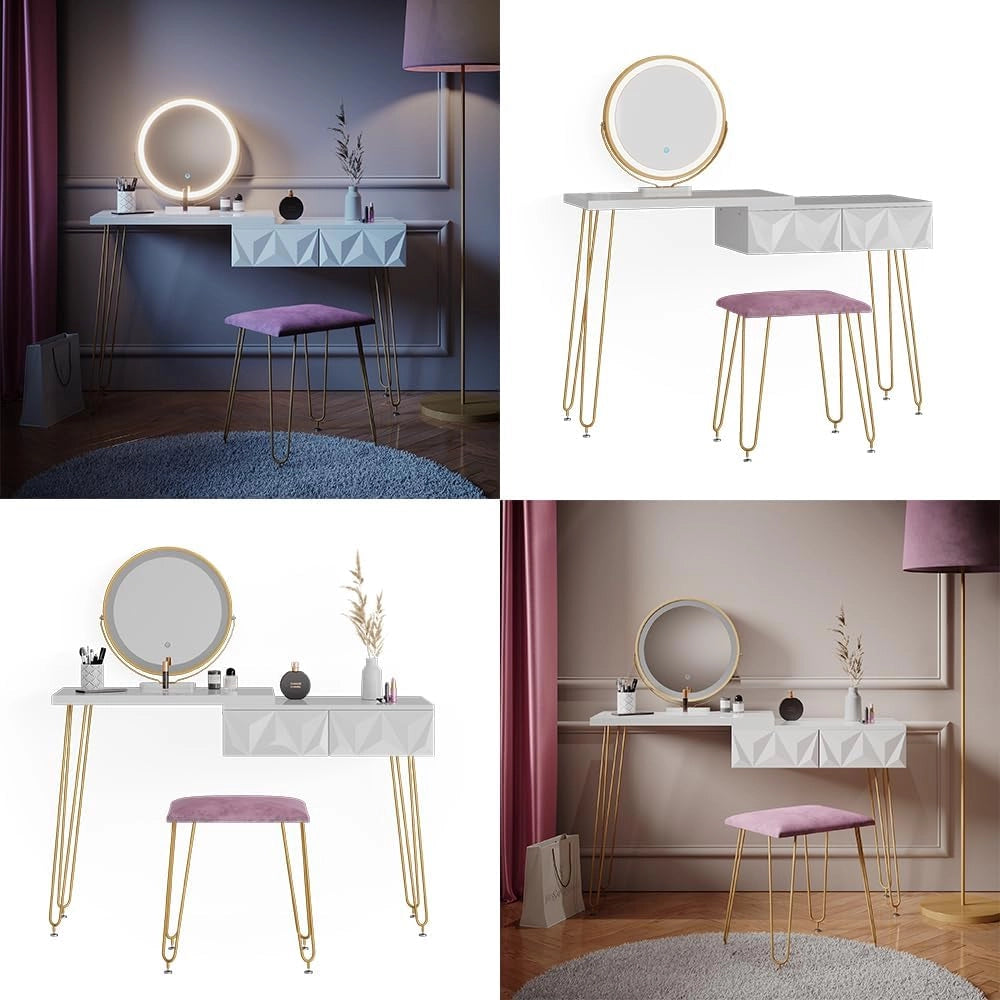 Vicco Tavolo da toeletta Bella, Bianco, 120 cm con illuminazione LED e sgabello, con illuminazione LED e sgabello imbottito