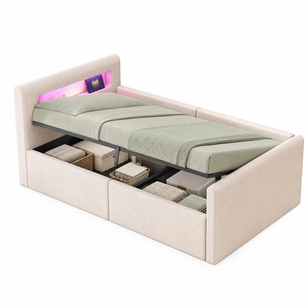 Letto imbottito bambini 90x200 cm con LED; USB e contenitore idraulico; beige
