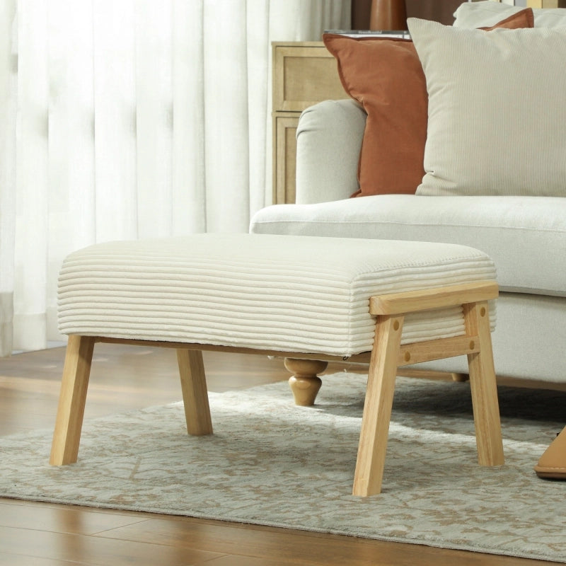 Pouf contenitore imbottito in velluto a coste, seduta in schiuma, gambe in legno di caucciù, crema