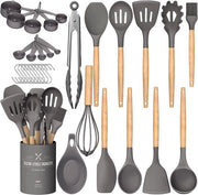 Set di Cucina per la Cottura, 33 pezzi, Spiedini e Spatole in Silicone a Contatto con l'Acqua con Supporto, Manico in Legno, Manico di Silicone Resistente al Calore, Set di Accessori da Cucina (Grigio)