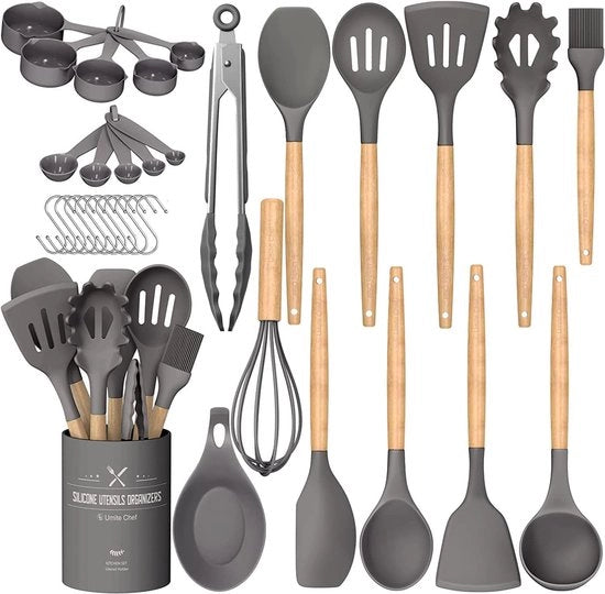 Set di Cucina per la Cottura, 33 pezzi, Spiedini e Spatole in Silicone a Contatto con l'Acqua con Supporto, Manico in Legno, Manico di Silicone Resistente al Calore, Set di Accessori da Cucina (Grigio)