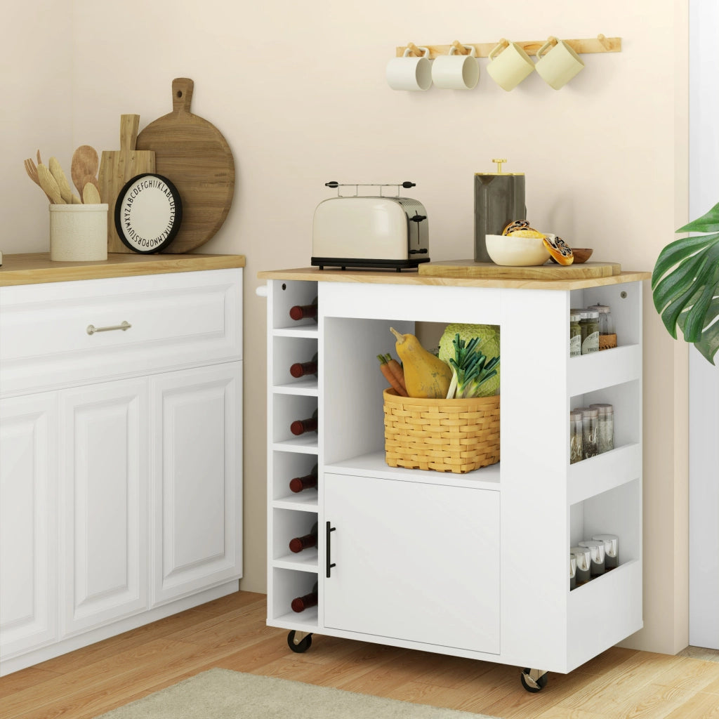 Carrello da Cucina con 1 Anta; 1 Vano Aperto; 3 Ripiani Laterali; 6 Portabottiglie e Portaasciugamani; 83x40x83 cm