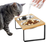 Catino per Gatti Elevato con Design Ergonomico Ciotola per Cibo per Gatti in Acciaio Inossidabile Kit per Catino Anti-Bracamento (in Legno Naturale)