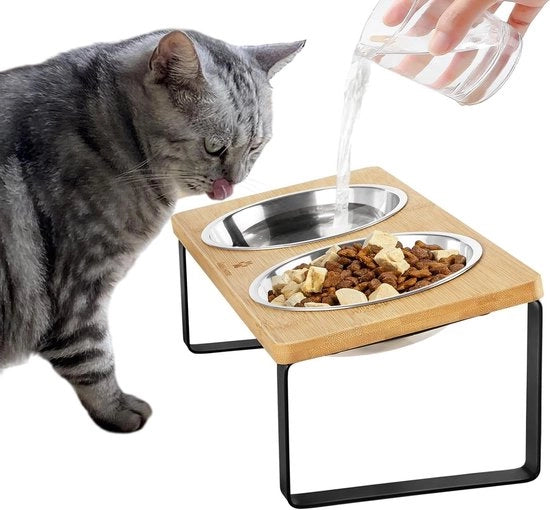Catino per Gatti Elevato con Design Ergonomico Ciotola per Cibo per Gatti in Acciaio Inossidabile Kit per Catino Anti-Bracamento (in Legno Naturale)