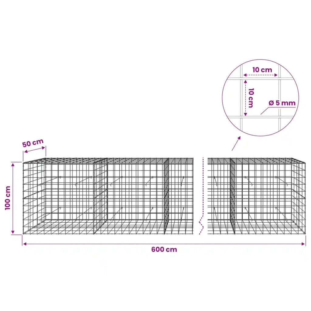 Gabione con Filo da 5 mm e Rete da 10x10 cm 600x50x100 cm 3465222