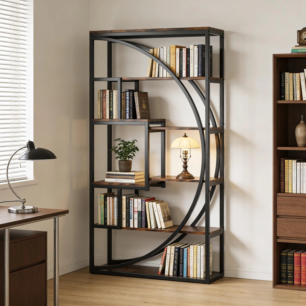 Libreria moderna a 6 livelli con 8 vani aperti in metallo nero e legno marrone rustico 80x30x179 cm