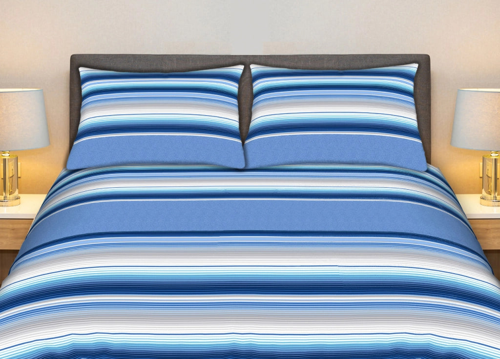 Completo Lenzuola Stiro Facile 100% Cotone Made Italy Effetto Seta Striped - Matrimoniale - Blu