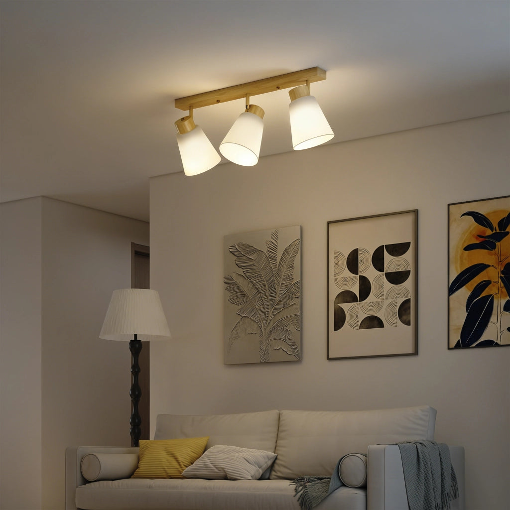 Lampadario da Soffitto con 3 Punti Luce Regolabili a 90¡ã e Attacchi E27, Colore Legno