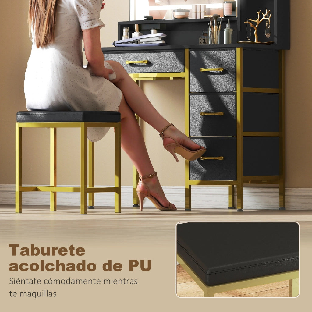 Toletta con Specchio LED e Sgabello ¨C Xylo ¨C 4 Cassetti Nero con Stazione di Ricarica