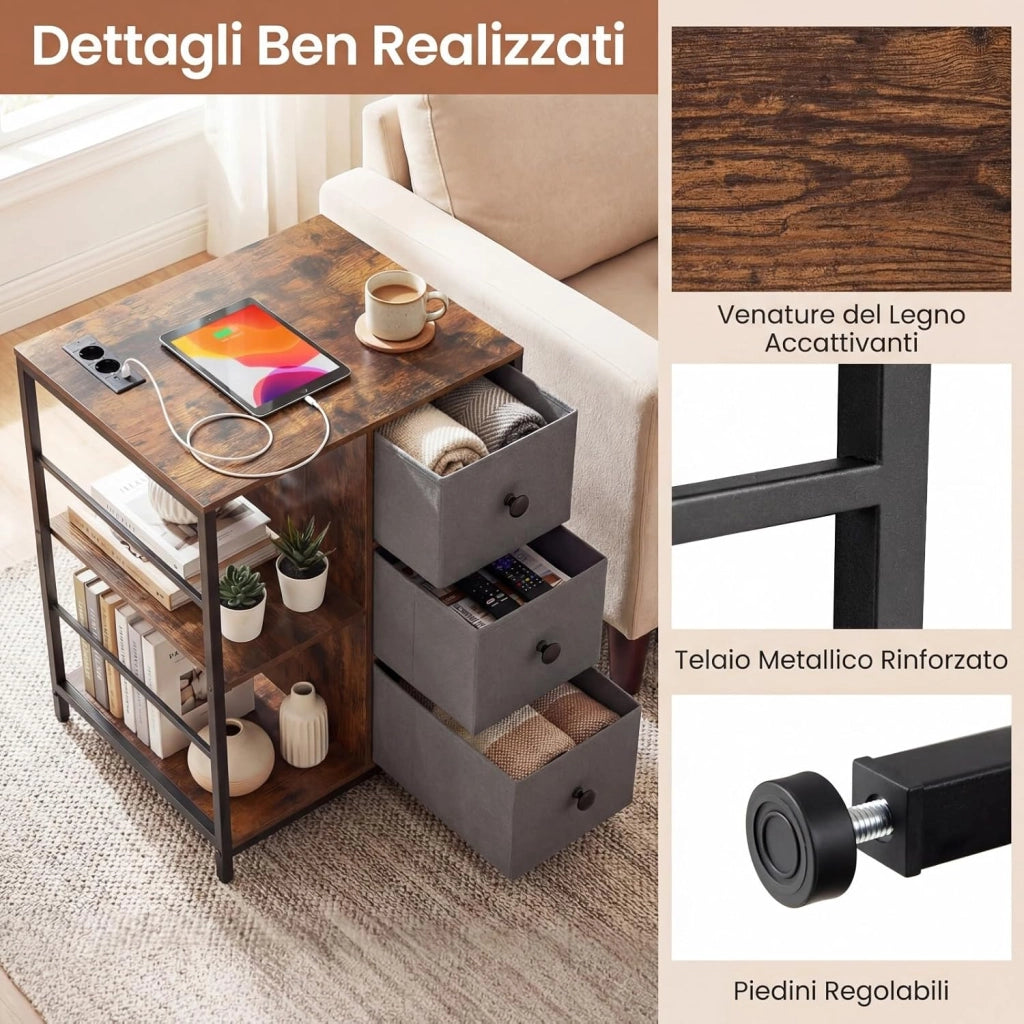Armadio con Stazione di Ricarica, Organizer Industriale con 3 Ripiani, Cassetti in Tessuto e Tasche Laterali, per Camera da Letto e Soggiorno, 46x40x63 cm