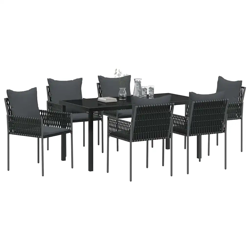Set da Pranzo per Giardino 7 pcs Nero e Grigio Rattan in PE