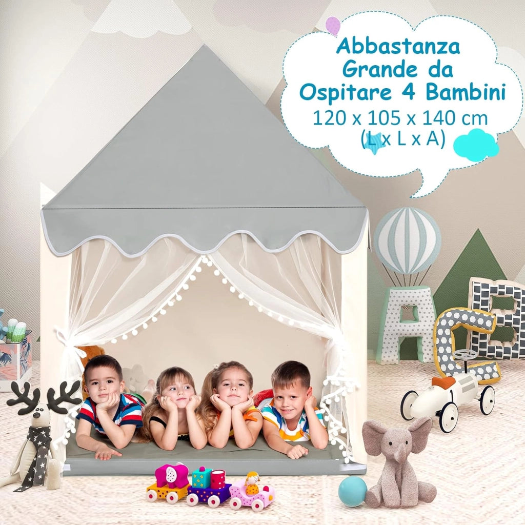 Tenda da Gioco per Bambini, Casetta per Bambini con Struttura in Solido Legno, Tappetino di Cotone, Tenda a Rete e Finestre, 105x120x140 cm (Grigio e Beige)