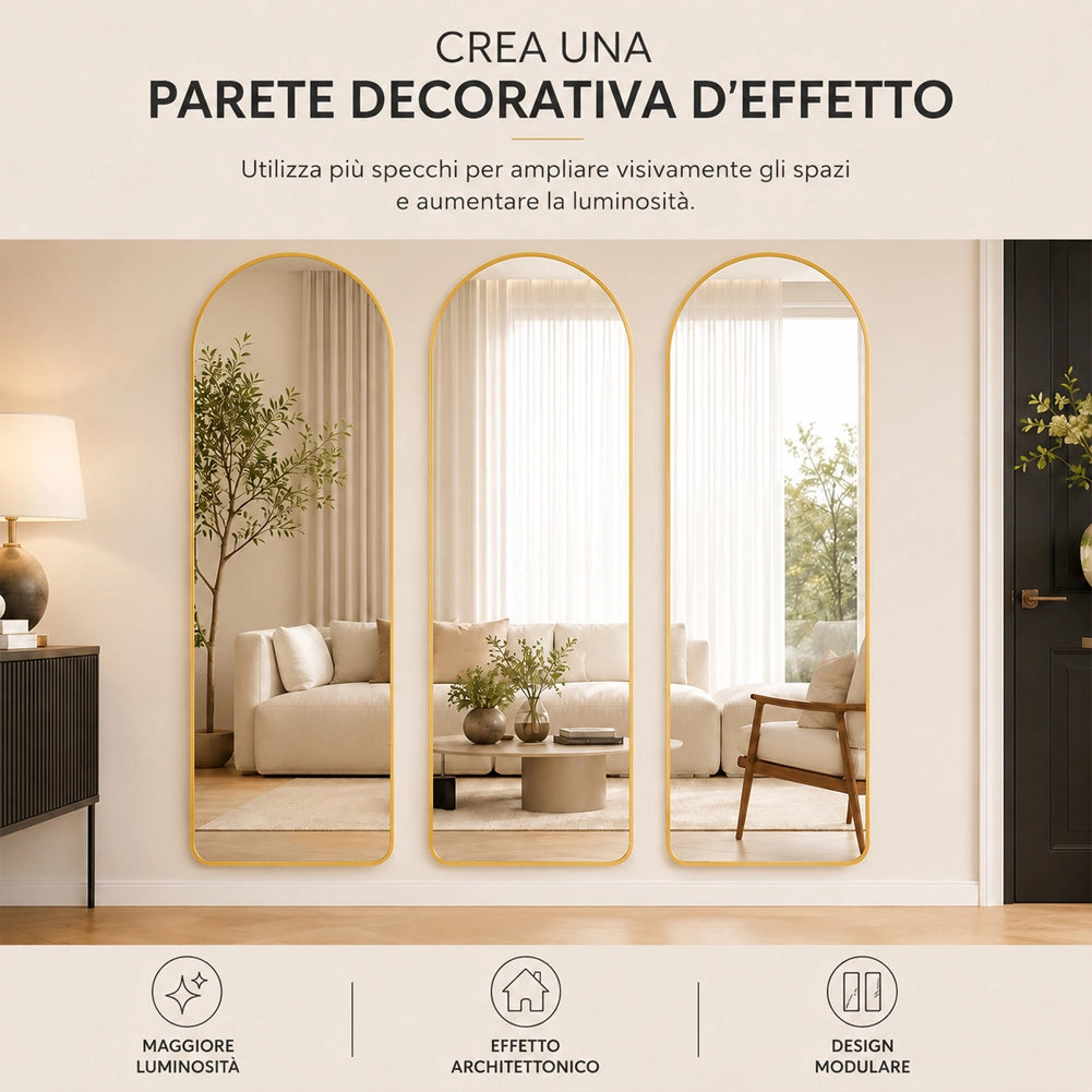 Specchio ad Arco da Terra e Parete Oro Decorazione Design Moderno 155x45 cm
