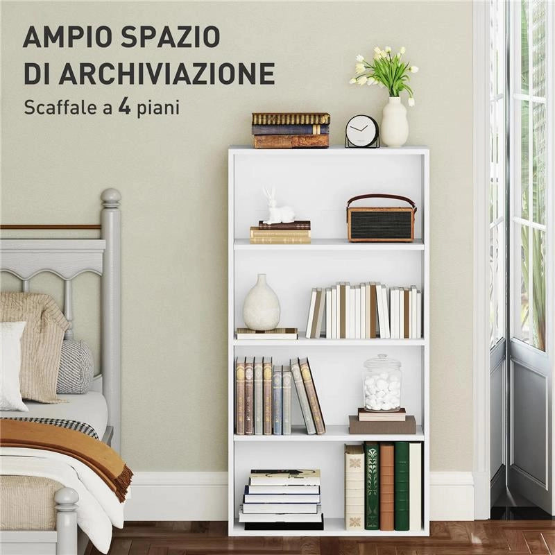 MOBILE LIBRERIA A 4 RIPIANI CON 2 SCAFFALI FLESSIBILI IN LEGNO 60X24X115.5 CM BIANCO