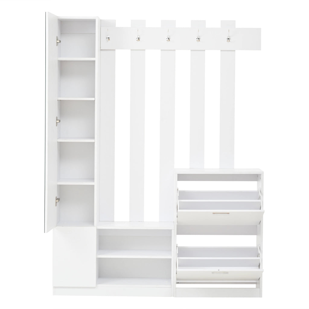 OKWISH Set da 1 Mobile da Ingresso con Specchio, 2 Scarpiere, Ripiani e 5 Ganci, Pannello di Truciolare Bianco