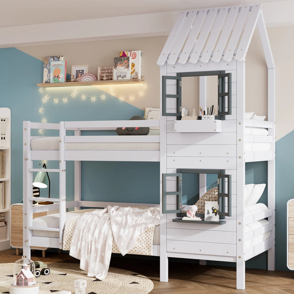 Letto a Castello 90x200 cm; 2 Posti - con Finestre; Sponda e Scalette - Bianco e Grigio