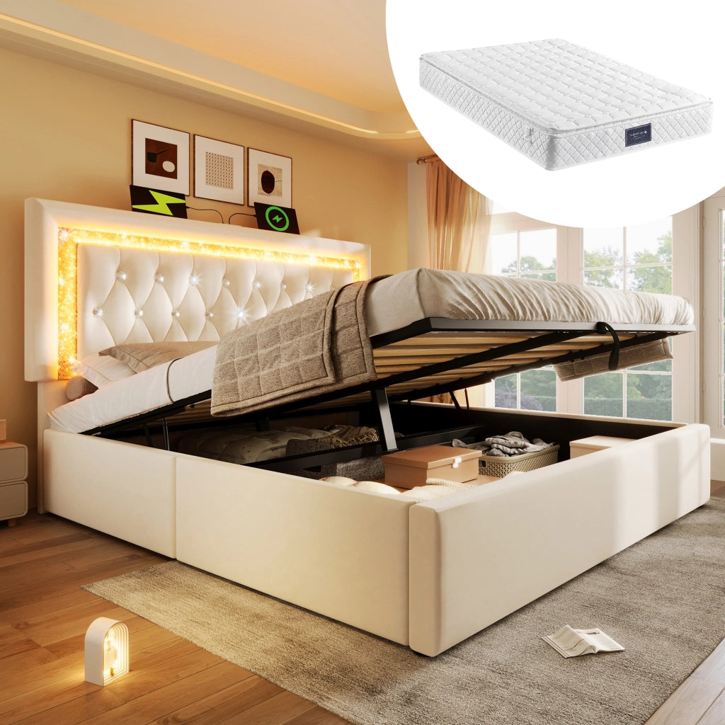 LETTO Contenitore 160x200 cm in velluto beige con materasso, LED, USB e Type-C