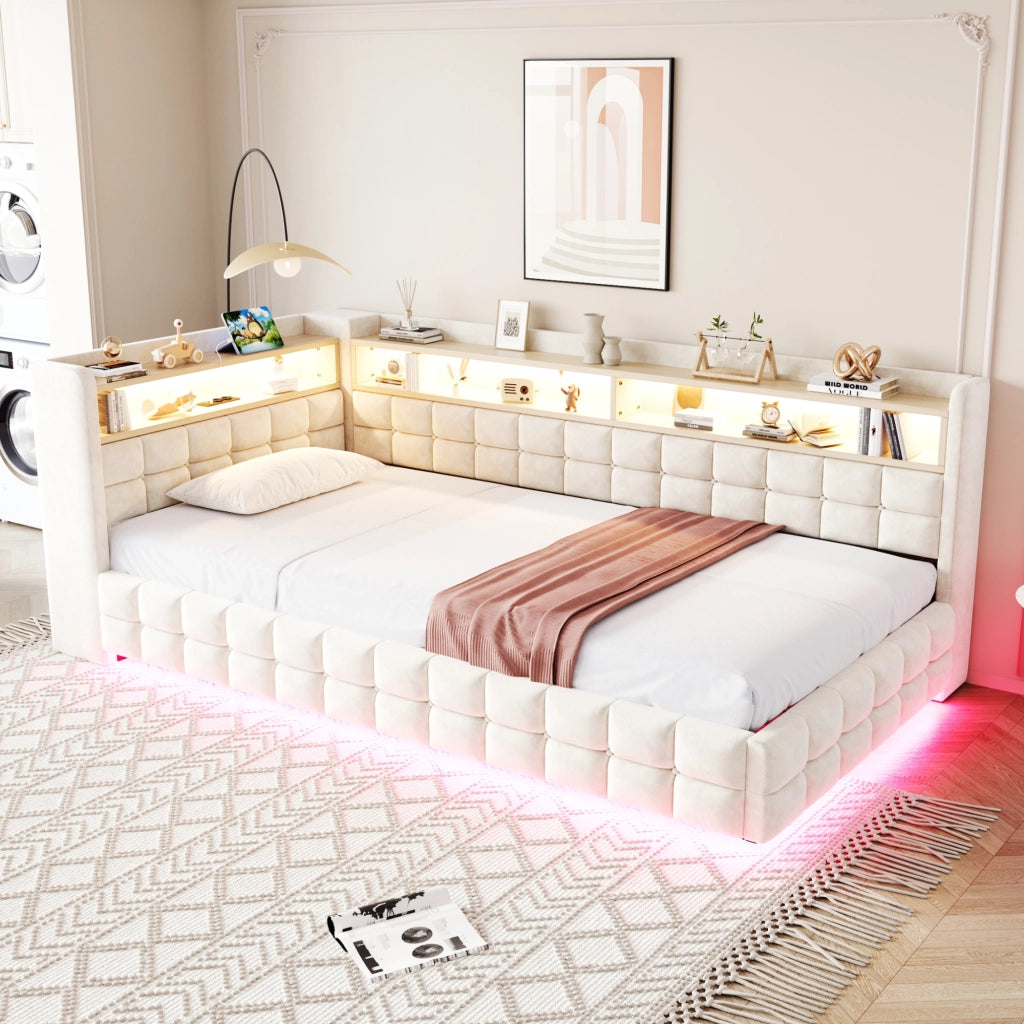 Letto singolo 90×200 cm con contenitore idraulico; ripiani; LED; USB e Type-C; senza materasso; velluto; beige