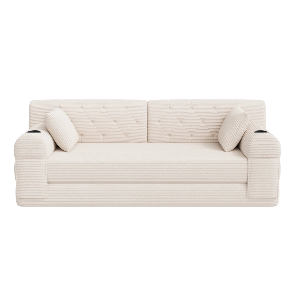 Divano letto a 3 posti in velluto a coste con schienale alto, 4 tasche e 2 portabicchieri, senza montaggio, beige