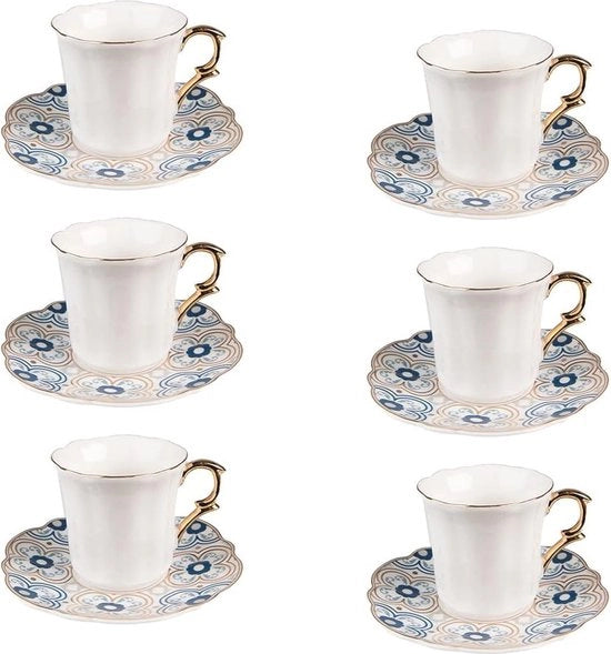 Set da tazza e ciotola da 6 - 95 ml - Bianco/Azzurro stampato Porcellana - Servizio da tè, Servizio da caffè, Tazze da tè, Tazze da caffè