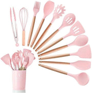 Set di silicone per cucina - resistente al calore - 12 pezzi - rosa - con maniglia in legno