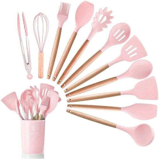 Set di silicone per cucina - resistente al calore - 12 pezzi - rosa - con maniglia in legno