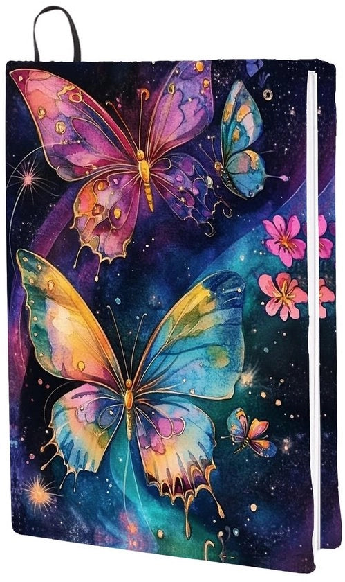 Cassa per libri flessibile - Copertura lavabile - Disegno multicolore - Tessuto elastico - 40 x 25 cm - Disegno multicolore farfalla - Copertina libri