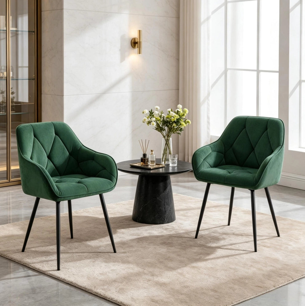 Set di 2 sedie da pranzo in velluto verde scuro con braccioli e struttura stabile
