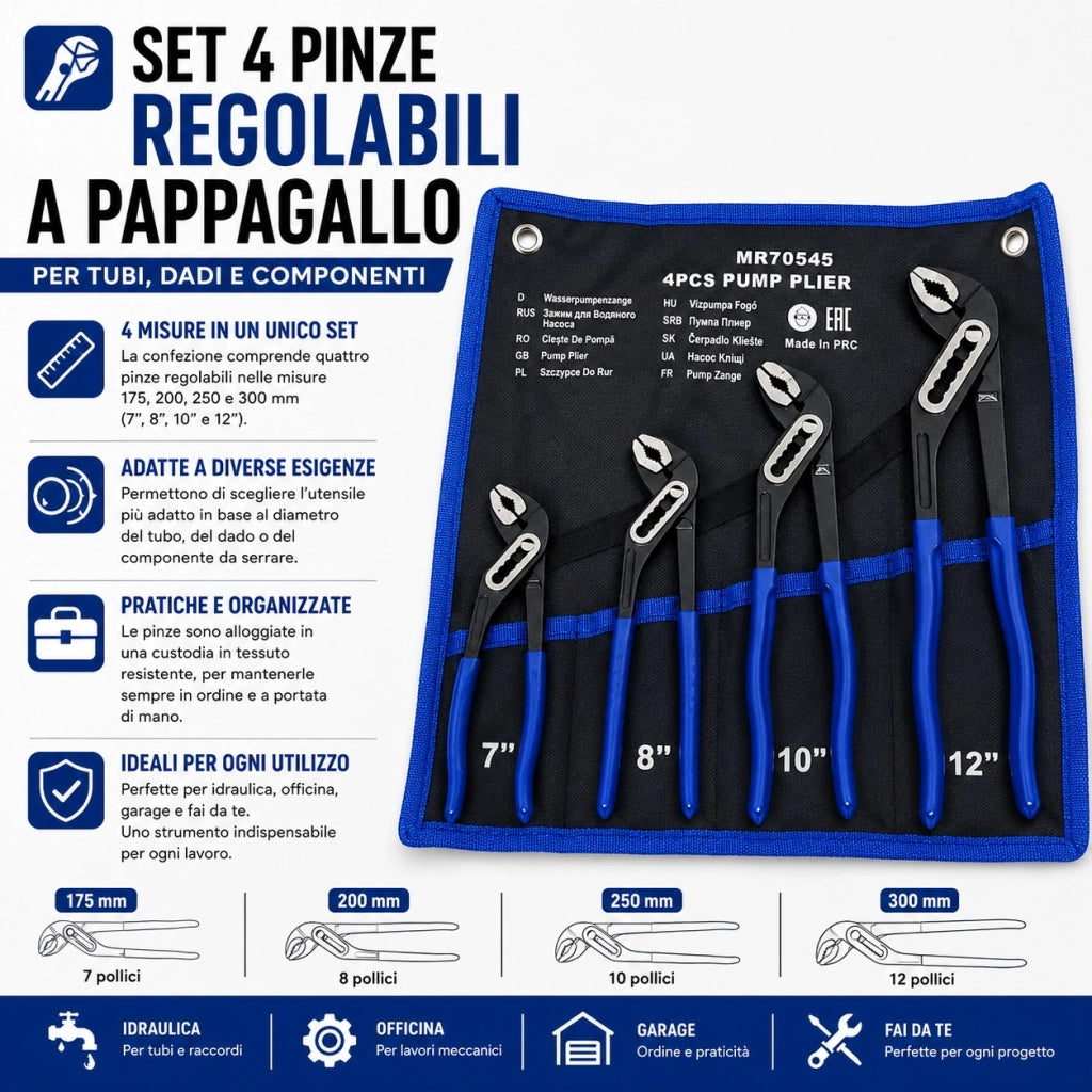 4 Pinze Regolabili Pappagallo 175/200/250/300 mm con Custodia