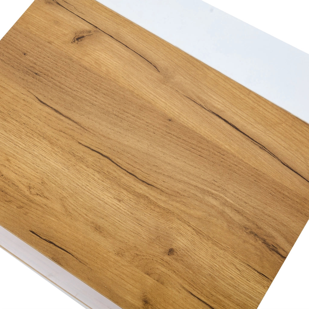 Tavolino da caffè 105x50x36 cm; con LED e spazio contenitivo; truciolare e vetro temperato; bianco e colore naturale