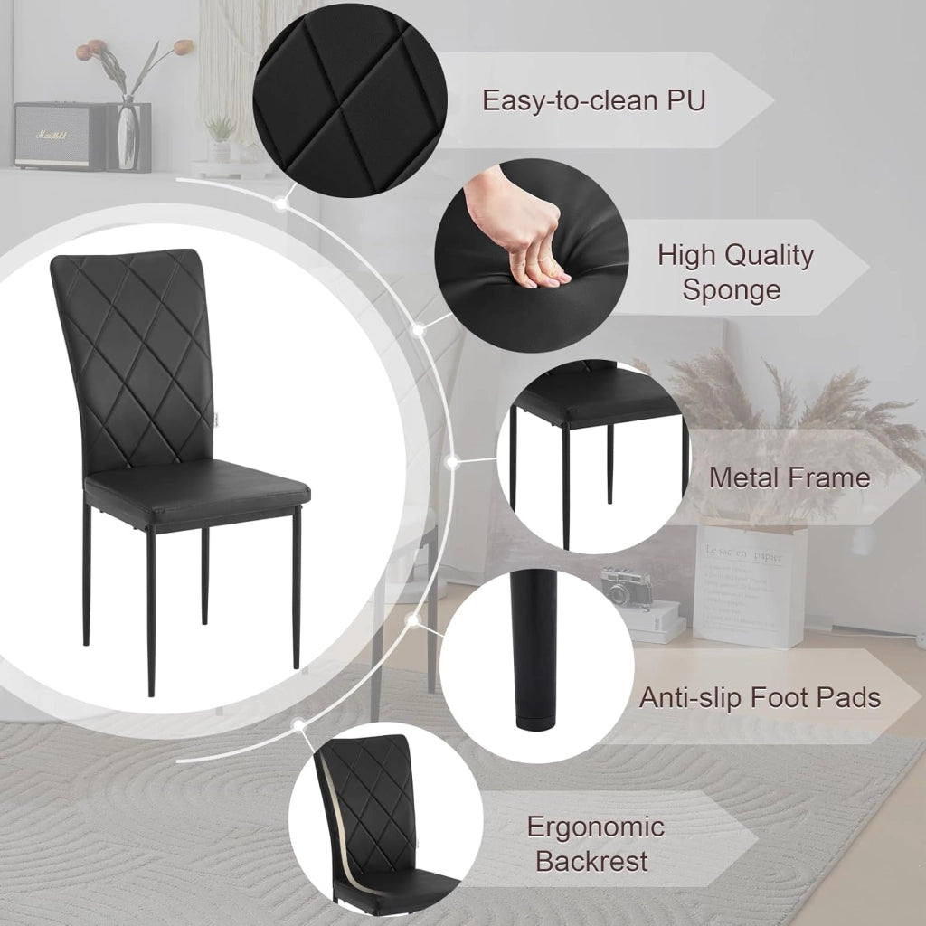 Set di 4 Sedie per Sala da Pranzo, Sedie da Cucina con Schienale Alto, con Gambe in Metallo e Rivestimento in Ecopelle, Nero, EZS21sz-4