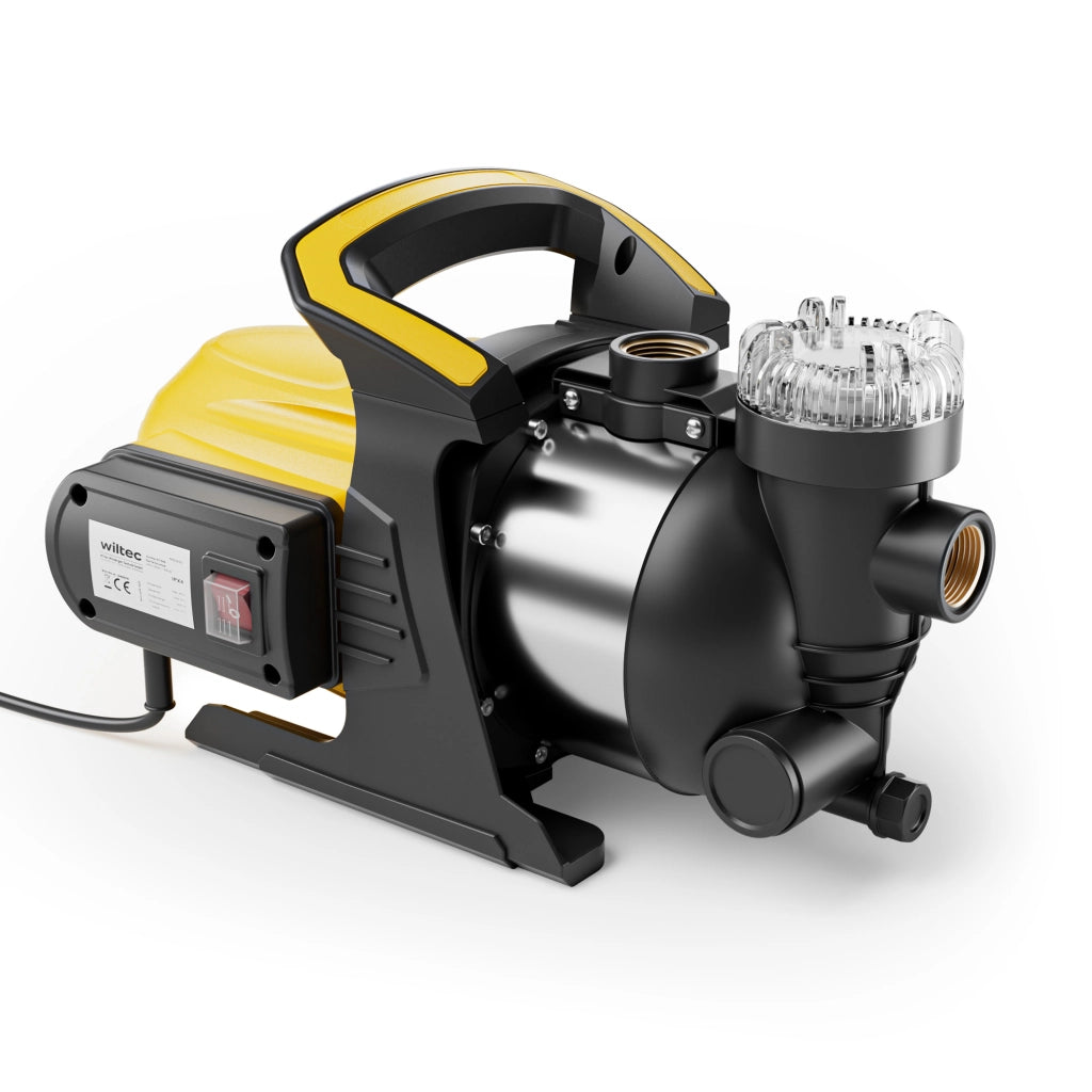 Pompa da giardino 1200 W alloggiamento in acciaio inox, 3800 l/h, con prefiltro e maniglia di trasporto, altezza di mandata 48 m, profondità 8 m, 2850 rpm, per laghetti, cisterne, autoclavi