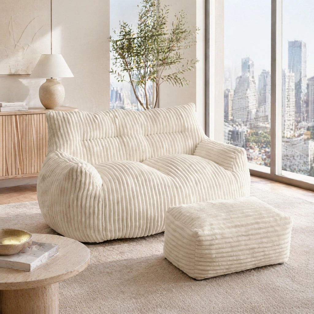 Pouf oversize in flanella con design ergonomico e imbottitura in memory foam per soggiorno e camera, bianco