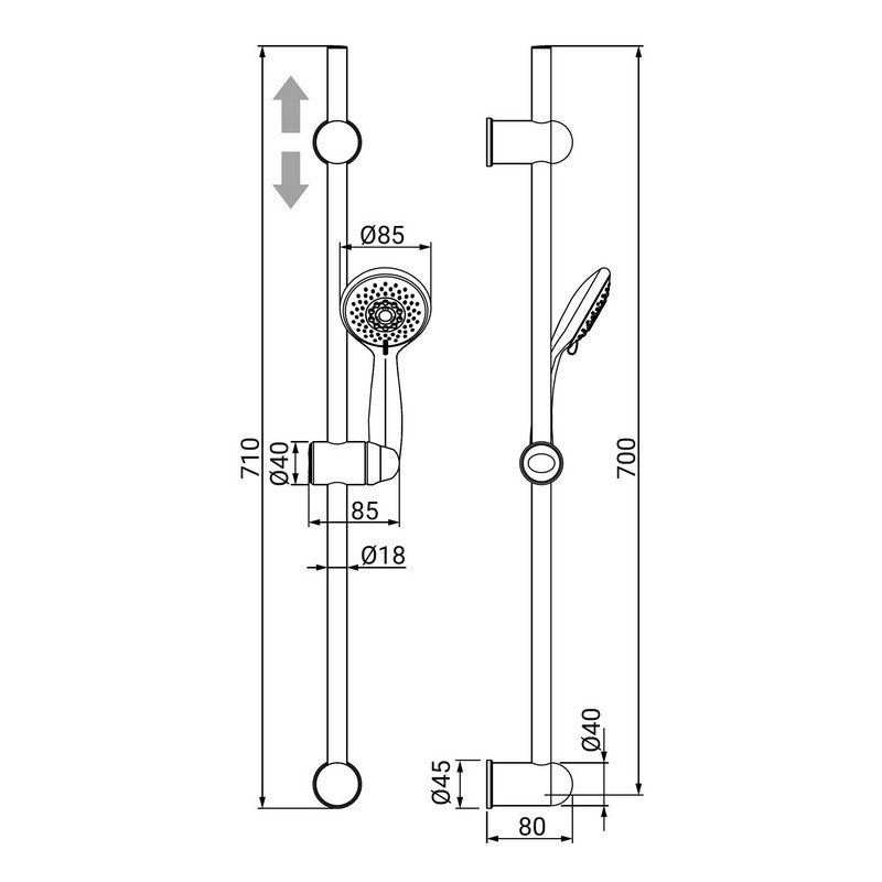 Saliscendi mali con altezza regolabile e doccino tre getti.