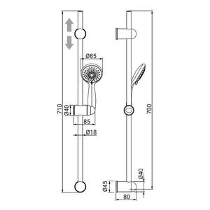 Saliscendi mali con altezza regolabile e doccino tre getti.
