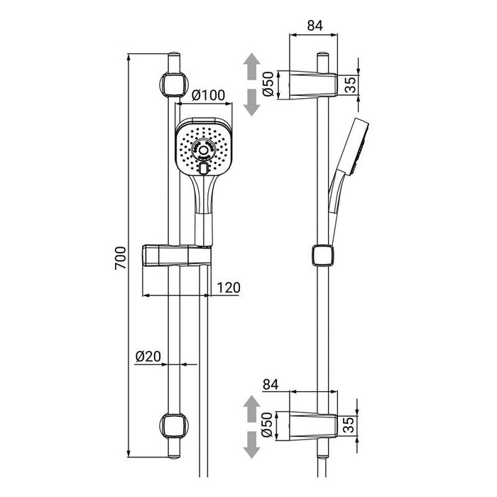 Set saliscendi anticalcare con doccino a 2 getti - serie paros