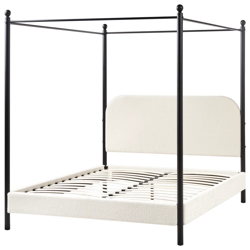 Letto a baldacchino in metallo nero con rivestimento in bouclé bianco sporco 140 x 200 cm EU Dimensioni doppie Retro Minimalista