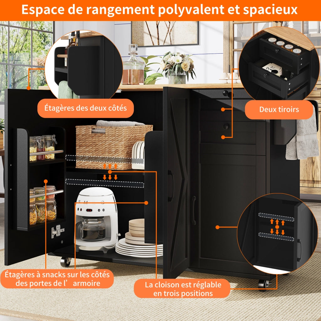 Carrello da Cucina con 2 Cassetti e Ripiani su 2 Lati Piano Pieghevole con Ruote in MDF Nero