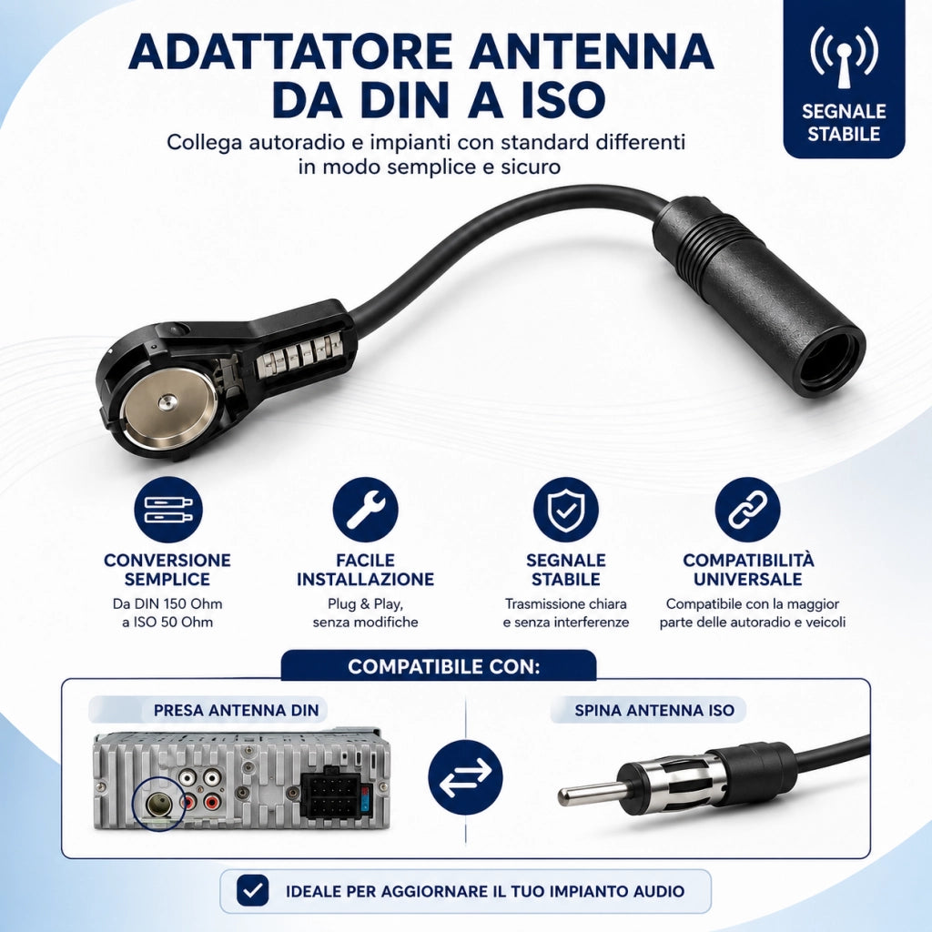 Adattatore Antenna Autoradio DIN 150 Ohm a ISO 50 Ohm 18 cm 00455