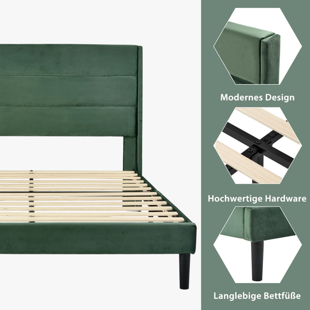 Letto imbottito 140x200 cm con materasso H3 e rete, verde