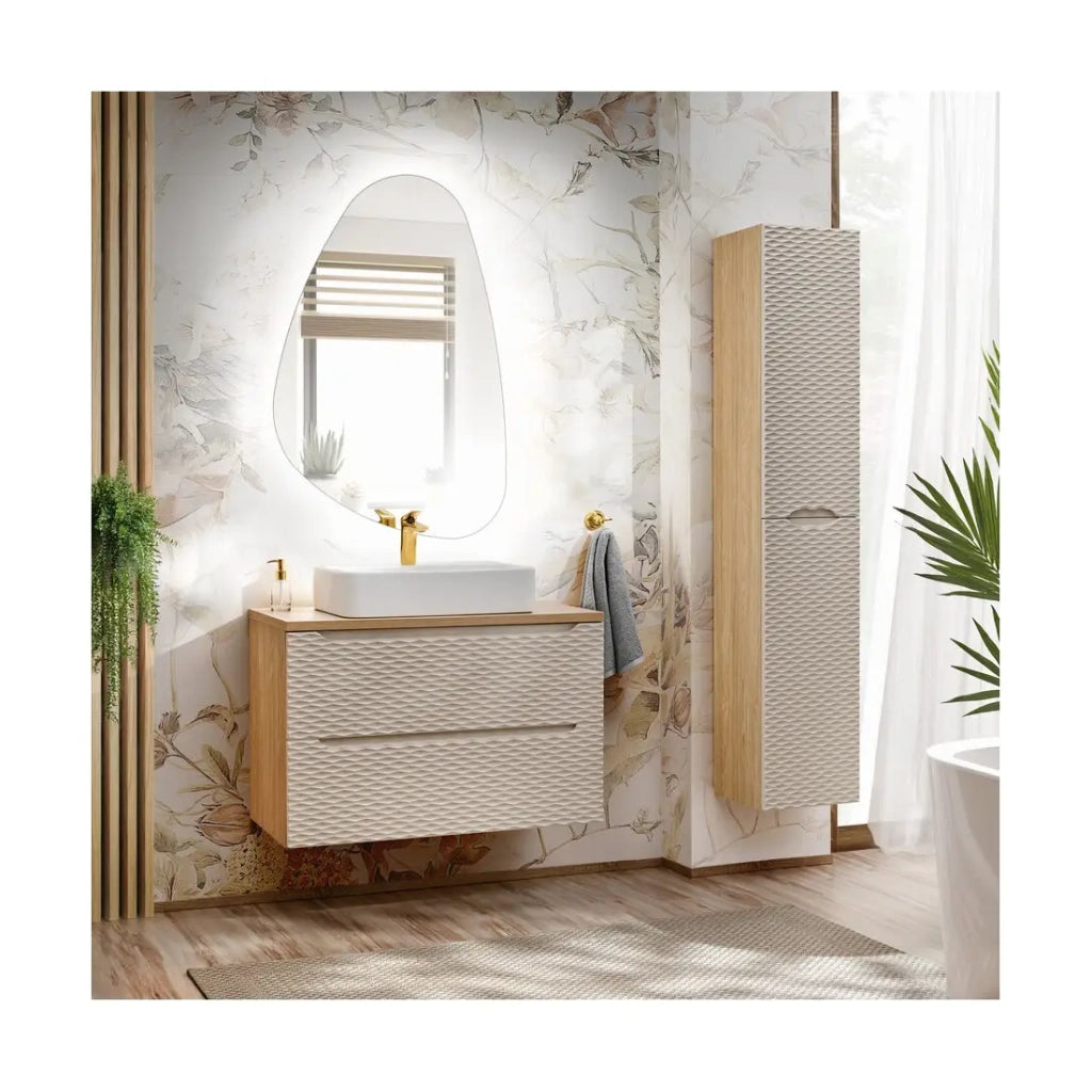 Colonna da bagno YOKA - Beige e rovere chiaro - 2 porte